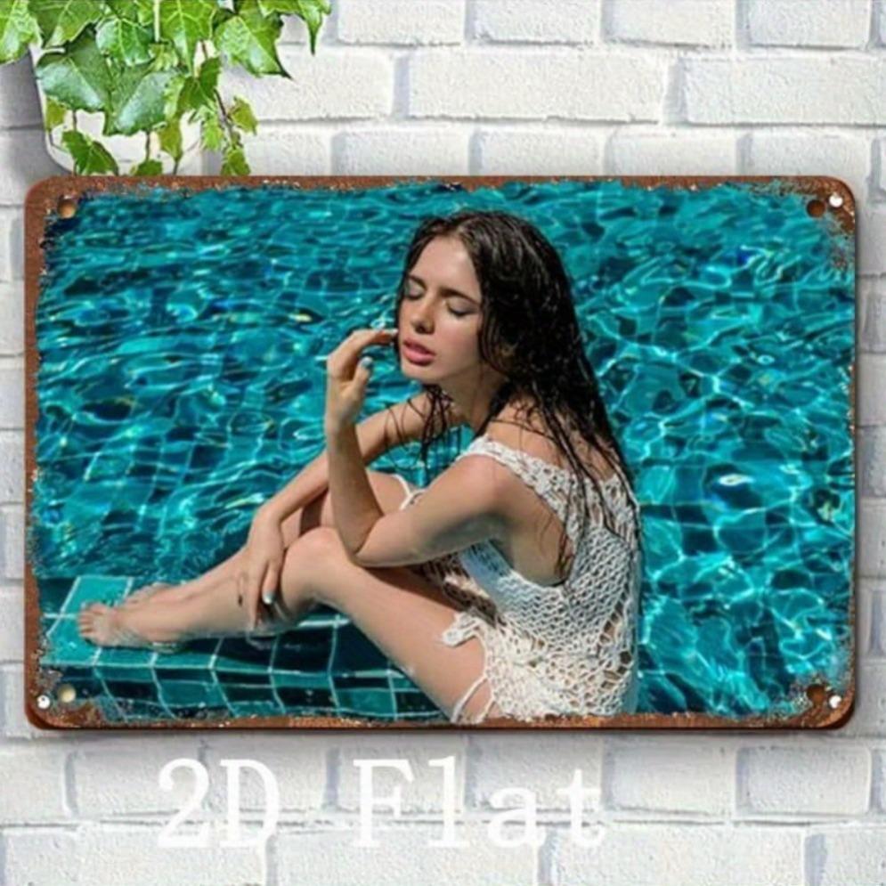Vintage Metal Wall Art Sexy Bikini Model Pond Poster - Heavy Duty Pre-Drilled Waterproof 8x12 Inch Retro Decor for Home Bar Offi