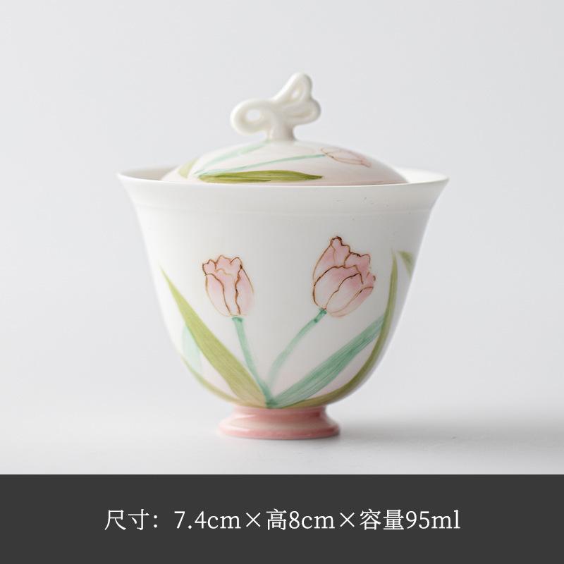 

95ml Hand-painted Tulip White Porcelain Gaiwan Zen Tea Tureen Tea Bowl With Lid Kit Tea Maker Cover Bowl Teaset Collection Craft