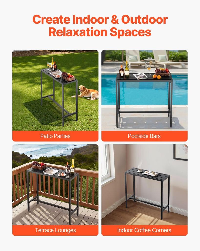 Outdoor Bar Table, 100 X 37.5 Cm Patio Bar Table, Waterproof Top & Sturdy Metal Frame, Rectangle Counter Height Dining Tables, Outdoor Furniture for