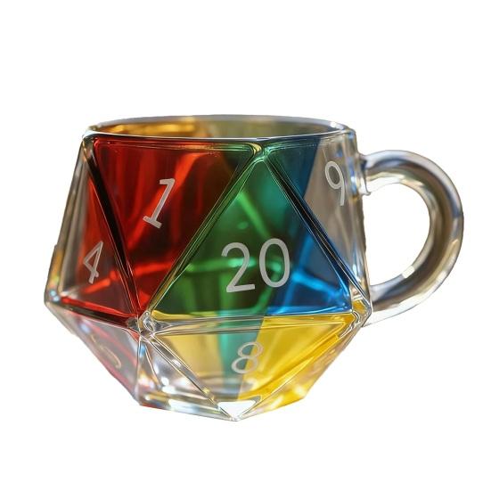 Rainbow D20 Dice Mug with Handle Colorful Polyhedral Glass Coffee Cup for Gamers Unique Gift for Tabletop RPG Fantasy Enthusiasts