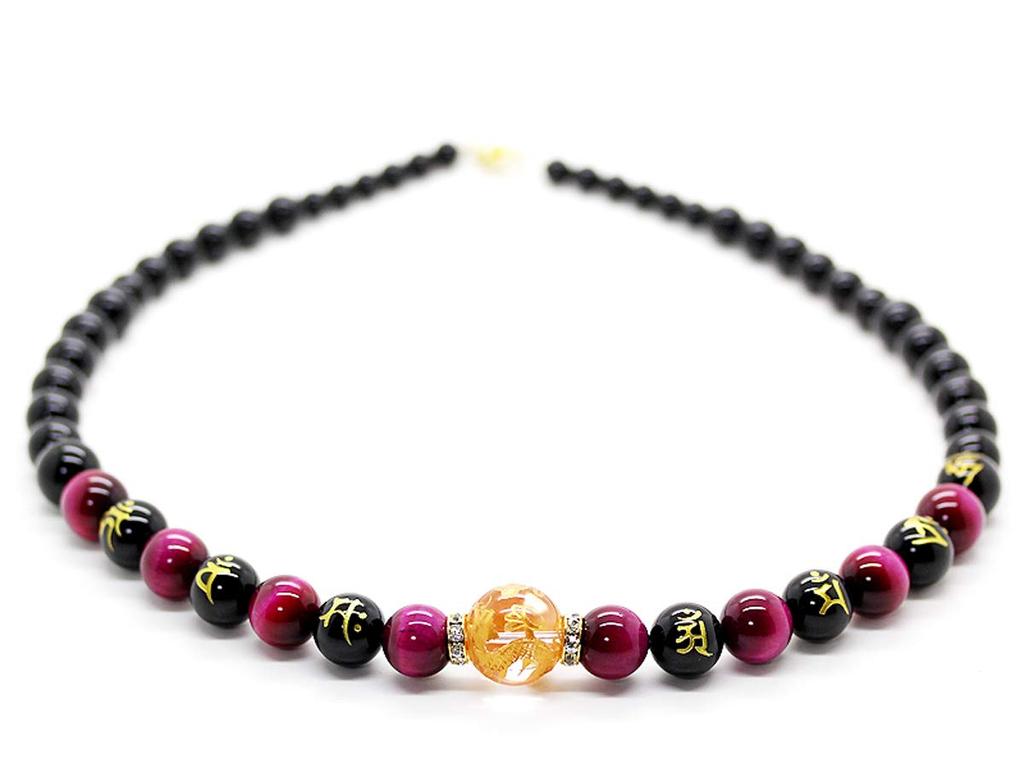 [Seki-Kira] 4A Pink Tiger Eye, Sanskrit Onyx, Gold Carved Dragon Crystal, 18mm Prayer Beads Necklace, Natural Stone, 065