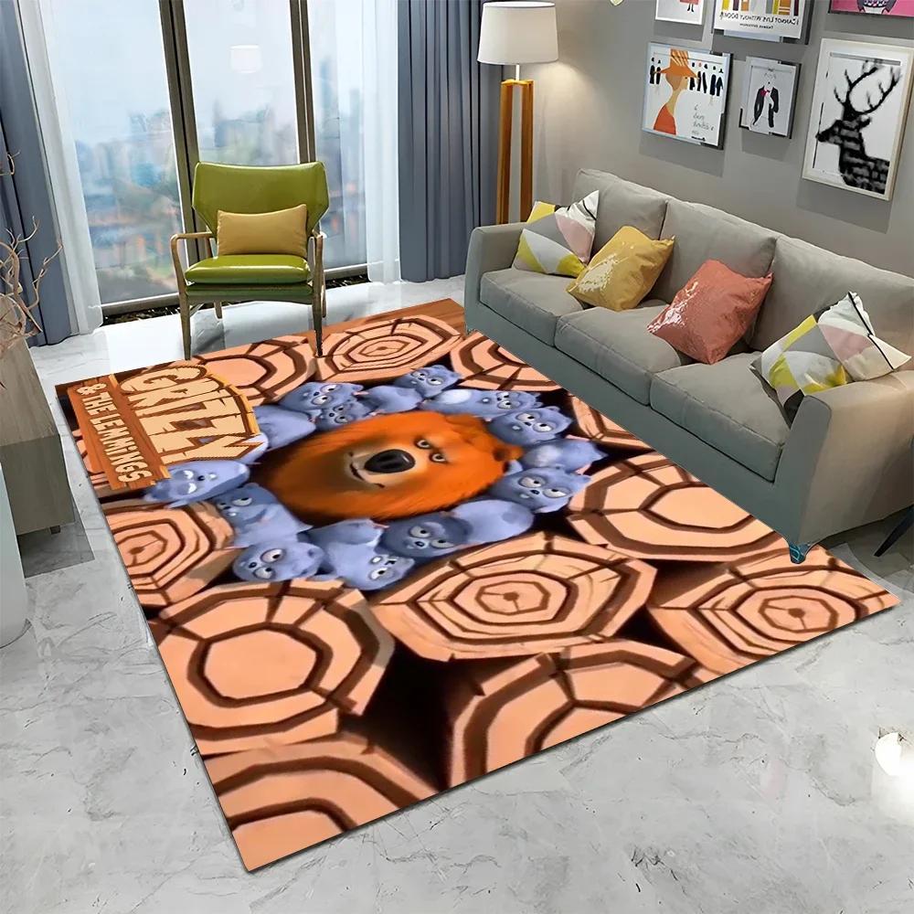 3D Kreslený koberec Grizzy a lemingové pro domov, obývací pokoj, ložnici, pod pohovku, rohožka, dekorace, dětský koberec, protiskluzová podložka na podlahu