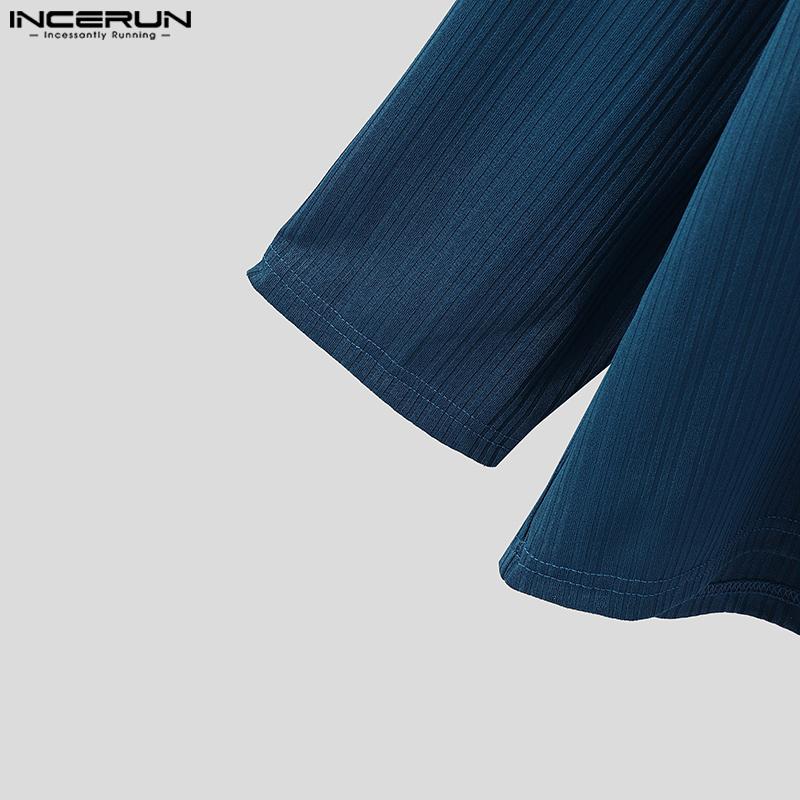 INCERUN Autumn Men Long Sleeve Hooded Texture Rib Shawl Casual Tops T-shirts