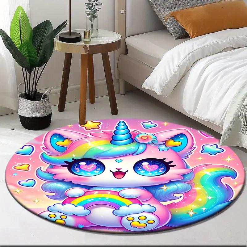 1pc Cartoon Cute Fantasy Unicorn Round Carpet Painted Printed Circular Carpet, Home Door Mat, Outdoor Travel Protection Carpet