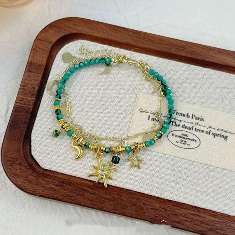 Vintage Natural Stone Double Layered Beads Bracelets For Women  Metal Mang Star Pendant Bracelets Charm Jewelry Gifts