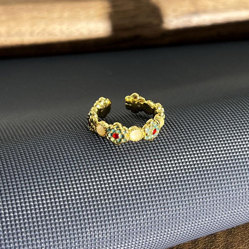 2026 Gold Glaze Luting Retro British Style Color Rice Flag Open Ring Female Simple Flower Light Luxury Temperament Ring