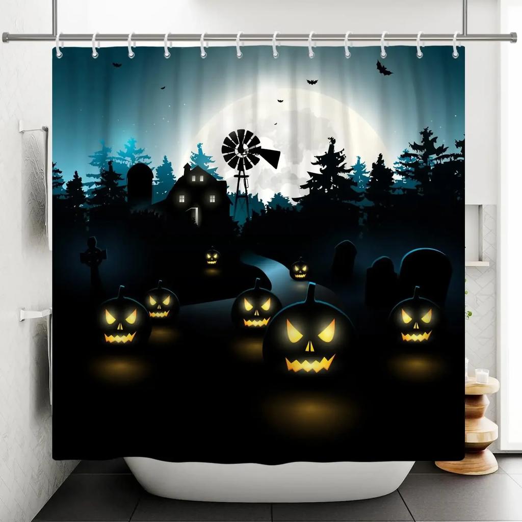 Halloween Shower Curtain, Cartoon Funny Skull Skeleton Dancing Bathroom Decor Curtains Halloween Party Retro Bath Curtain Fabric