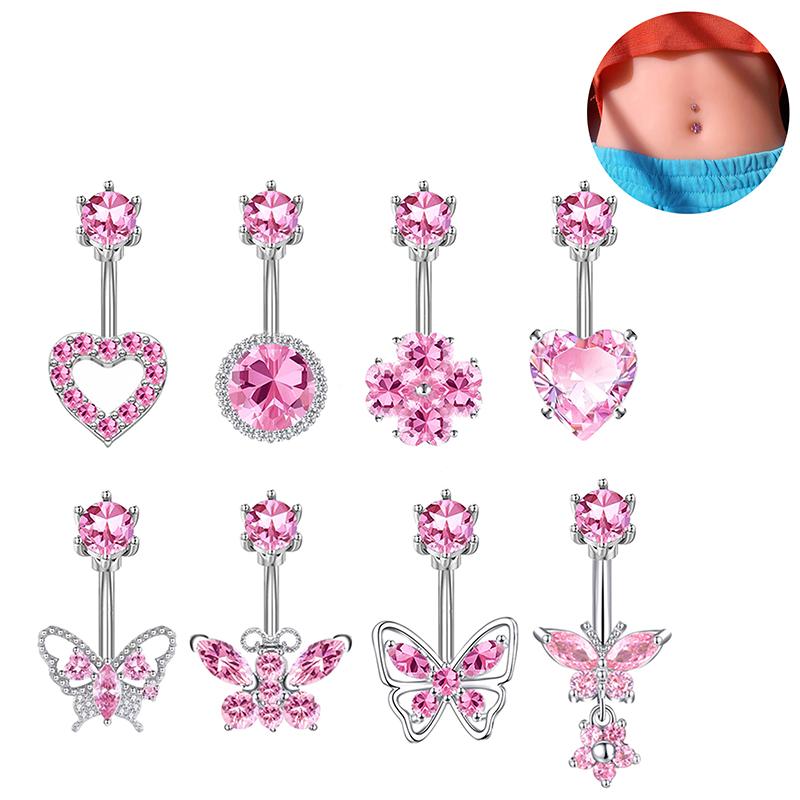 Fashion Pink Heart Butterfly Belly Button Ring For Women Girls Cute Stainless Steel Zircon Navel Ring Body Piercing Jewelry Gift