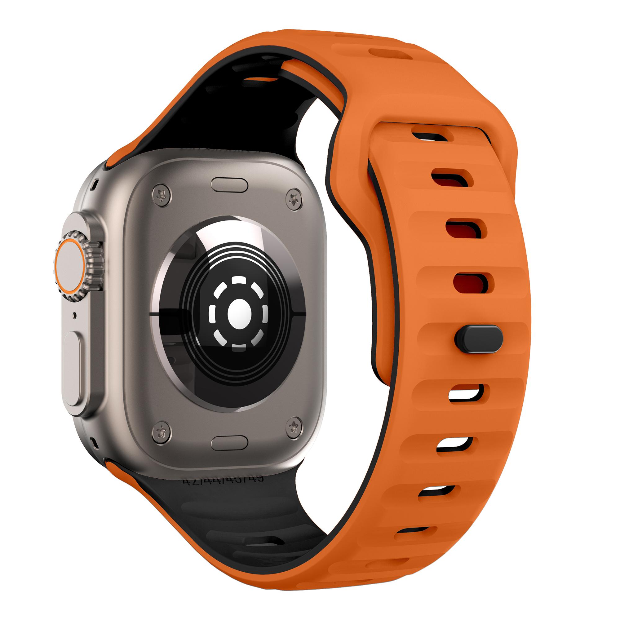 

For Apple Watch 10 46mm/Ultra 2/Ultra 49mm/9 8 7 45mm/SE (2023) SE (2022) SE 6 5 4 44mm/3 2 1 42mm Dual-Color Silicone Strap Orange+Black