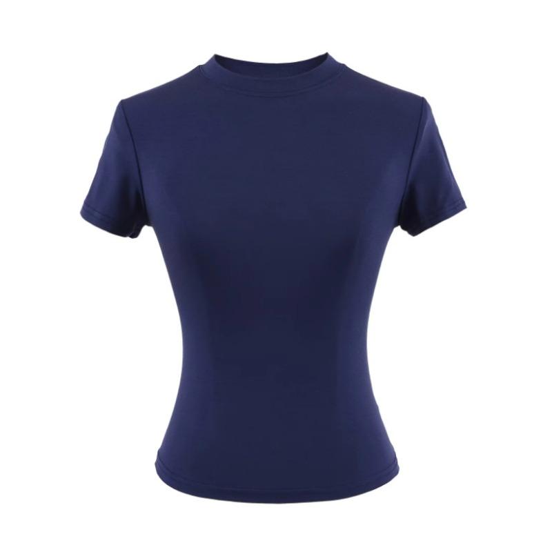 Amoi Women's Solid Color Kardashian Crew Neck Slim-Fit Short Bottom Shirt Basic Short Sleeve Shirt