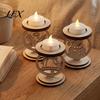 Small Candle Display Stand 3Pcs Christmas Wooden Holder, Detachable Tealight with Hollow Solid Wood Votive Carved Snowman/Bell/Candle Patterns, Rustic