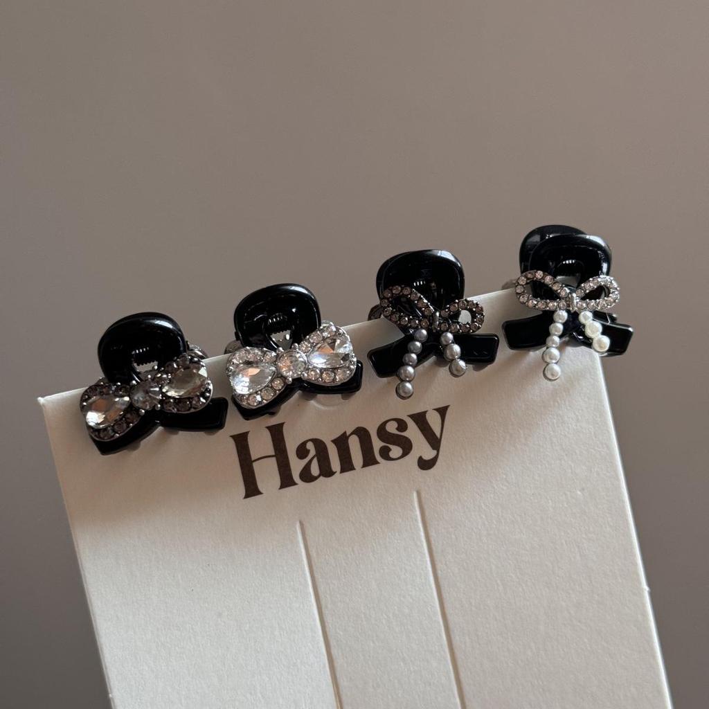 Black Pearl Rhinestone Bow Hair Clip for Bangs and Princess Hairstyles
