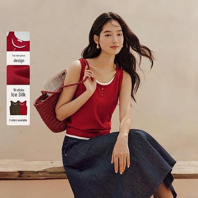 INMAN Damen Rundhals Knopf Faux Zweiteiler Dünn Gestrickte Weste Camisole