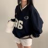 V-Neck Baseball Sweatshirt Loose Fit Long Sleeve Autumn Fashion Casual Comfortable Streetwear Style