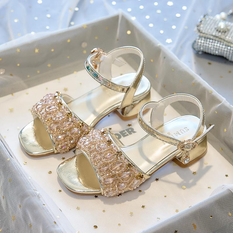 Girls' sandals princess shoes2026New Summer Chunky Heel Beaded Crystal Performance Catwalk Beach Children's High Heels
