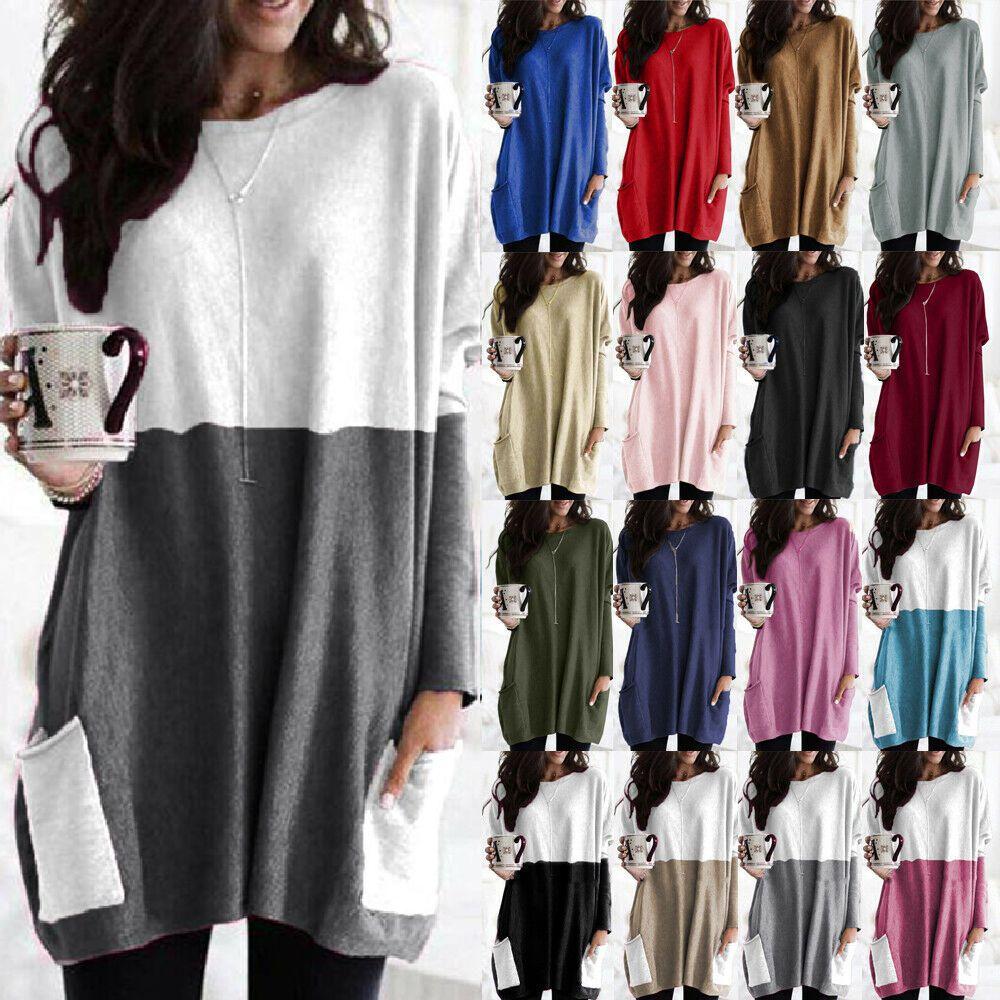 Elegant Women's Jumper Mini Dress Blouse In Vibrant Colors With Two Pockets