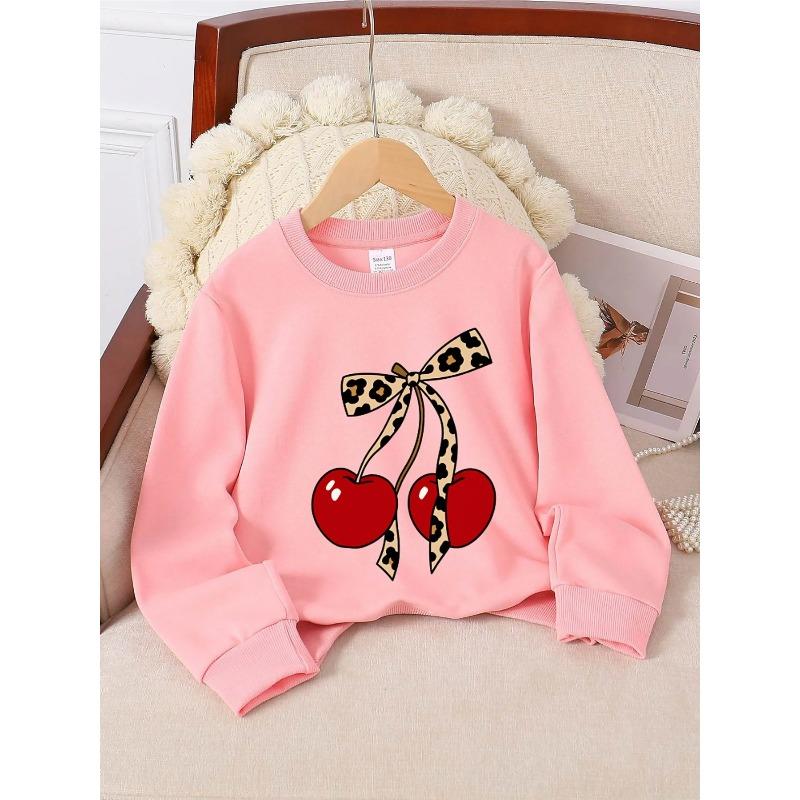 European Sizes Kids' Crewneck Sweatshirt - Cherry Leopard Bow Pattern Print Design , Sportswear And Casual Wear, Soft And Comfortable