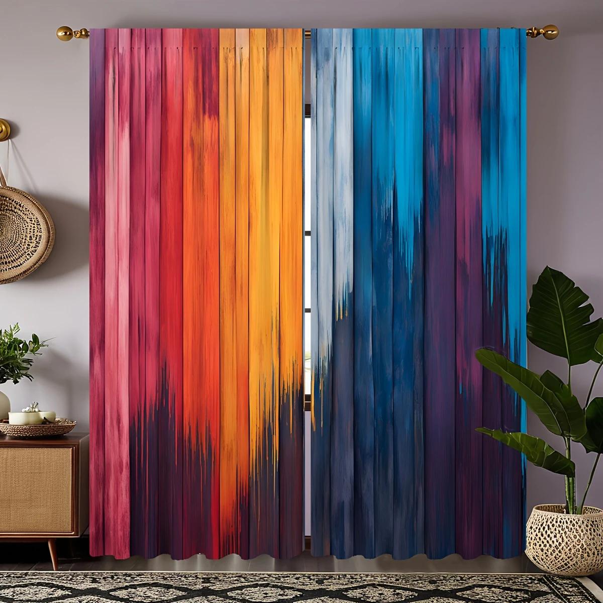 

2 Pieces - Classic Artistic Striped Color Block Printed Curtains, Bagged Curtains, Home Decoration, Room Decoration 14Wx39L(35x100CM)x2