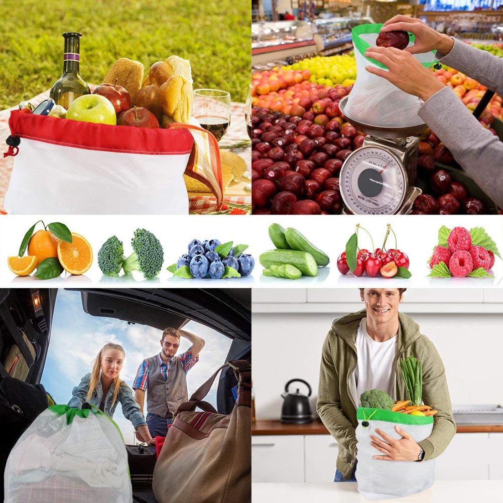 12 stk Gjenbrukbare Nettingposer med Snøring Dagligvarehandlenett Justerbar Polyester Snørepose Frukt