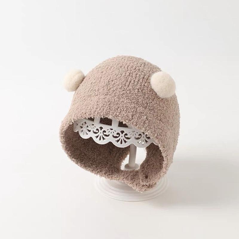 Cute Winter Warm Kids Girl Boys Baby Hats Fleece Wool Hemming Caps With Ball Solid Wool Ear Protection Hats Soft Newborn Bonnet