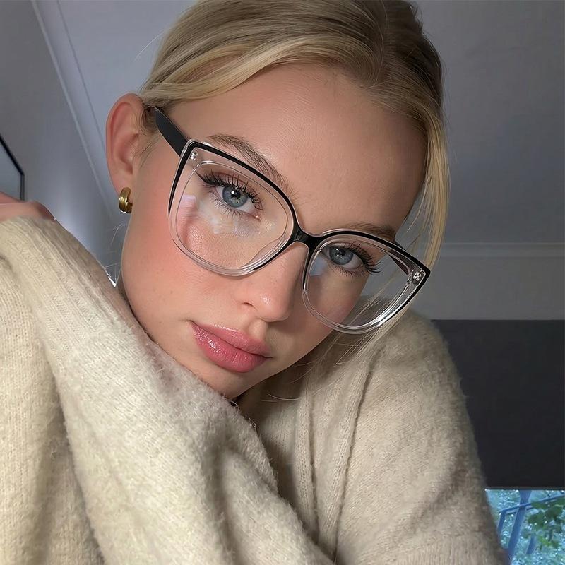 Rennes European and American color matching square large frame cat eye anti-blue light glasses women's plain face small myopia frame glasses new
