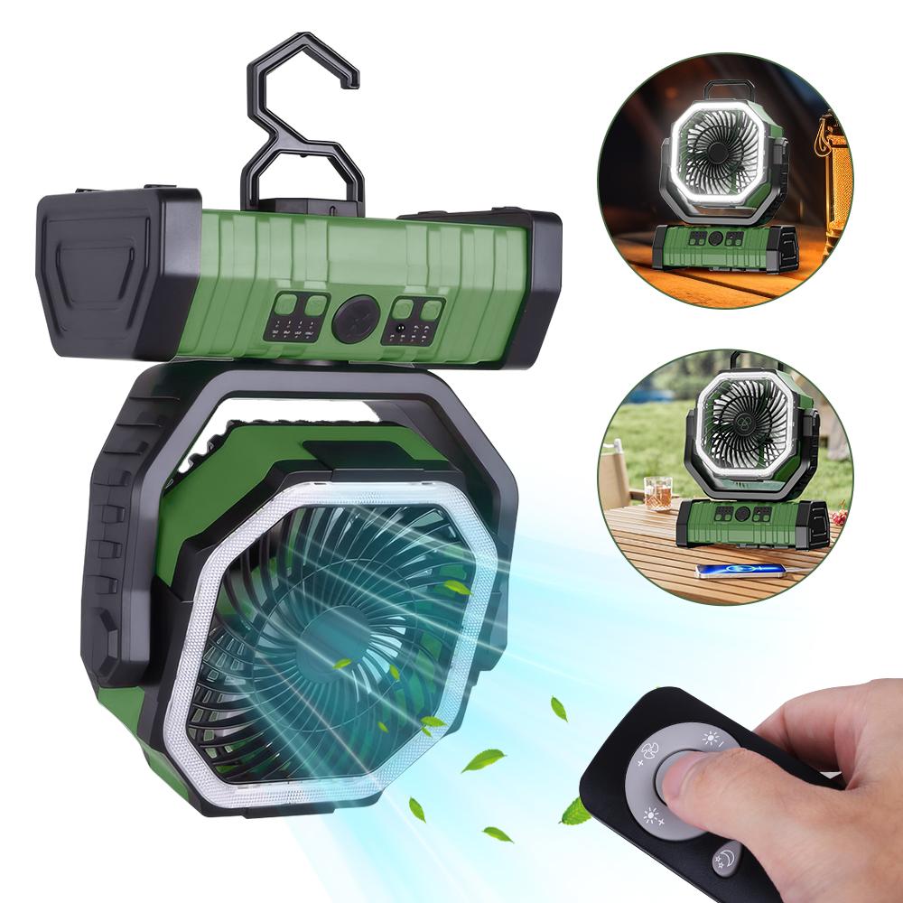 Rechargeable Camping Fan with LED Light 4 Speeds Portable Outdoor Fan with Remote Control and 72H Long Battery Life for Tent