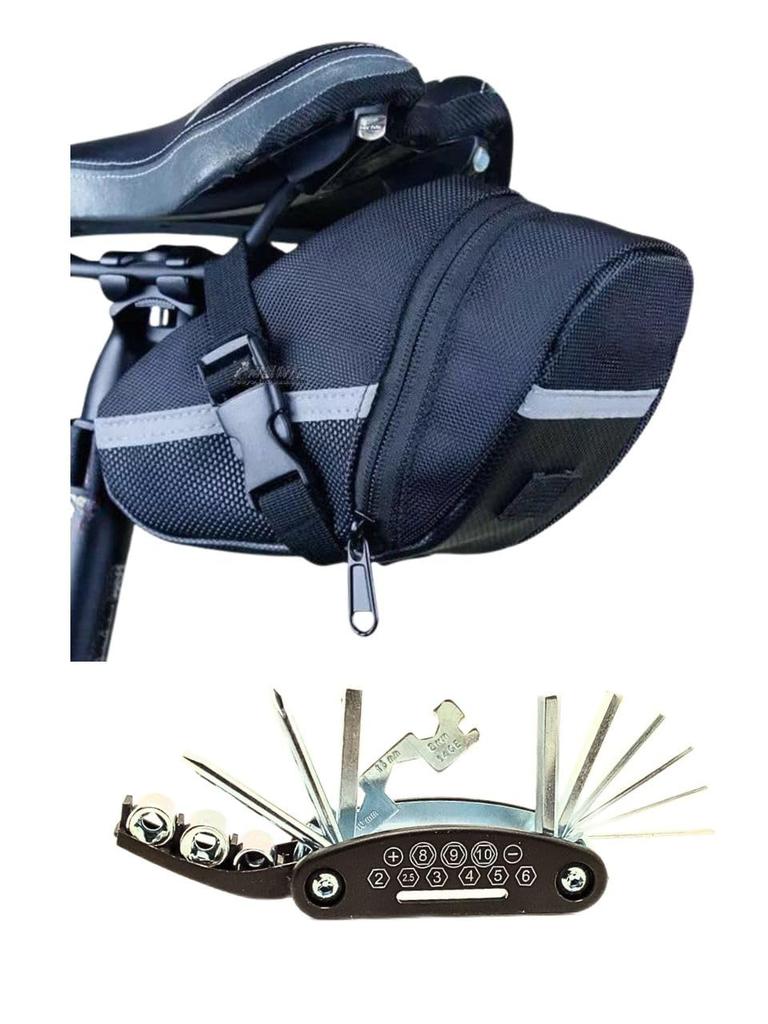 CIWS Saddle Bag with Seat Belt and Set Bicycle/Motorcycle Multi-Tool (Black)