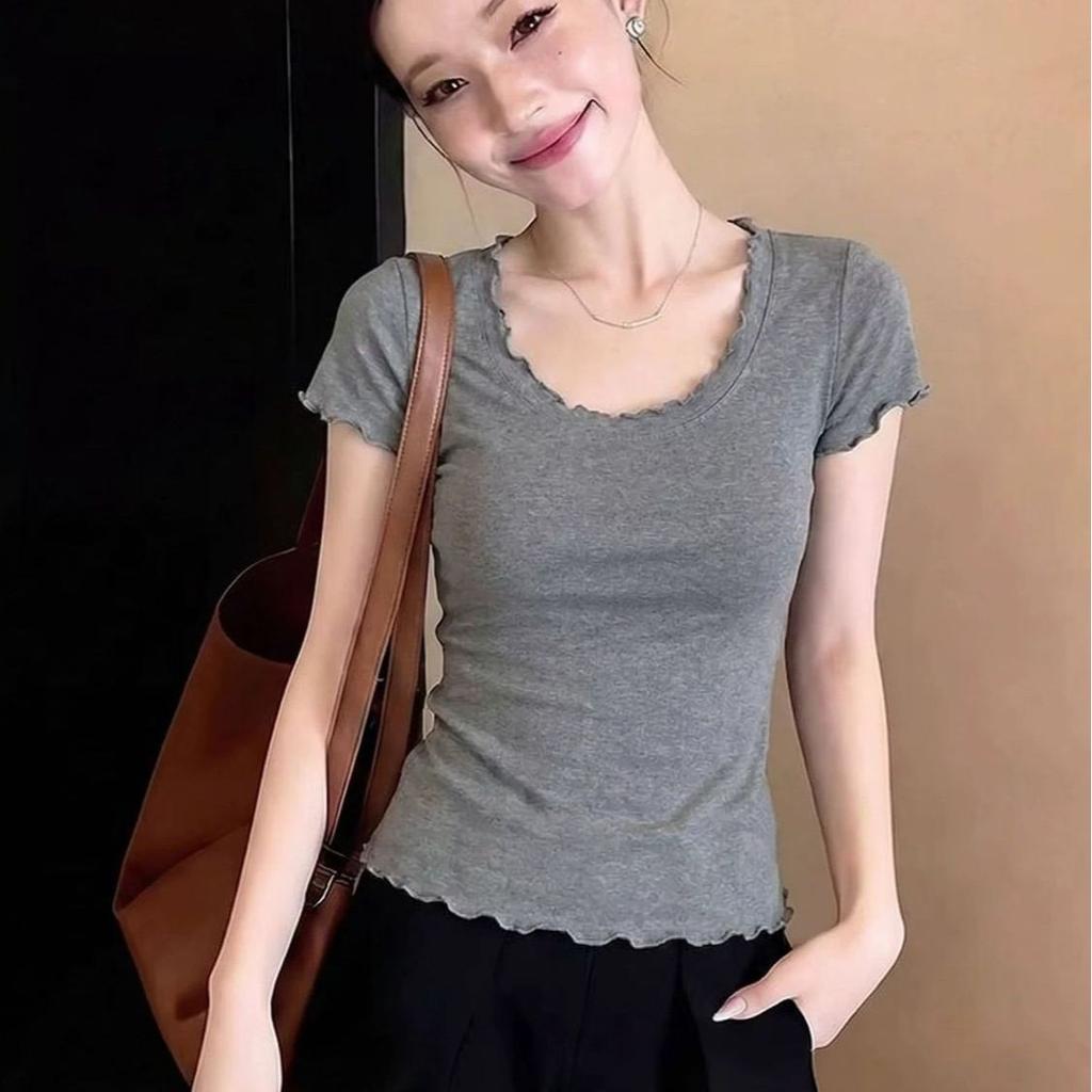 Huge Good-looking and Beautiful Wooden Ear Edge U-neck Short-sleeved T-shirt Summer Pure Desire Large Neckline Exposed Collarbone Slim-fit Top