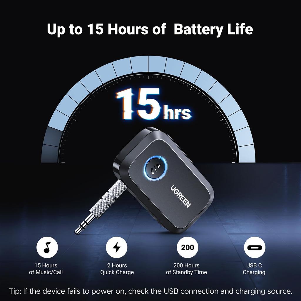 UGREEN Bluetooth Car Car Component 15M Communication Black Certification 5.3 Receiver, 3.5mm Receiver, SBC/AAC, Audio, AUX, iPhone, Android, Stereo,