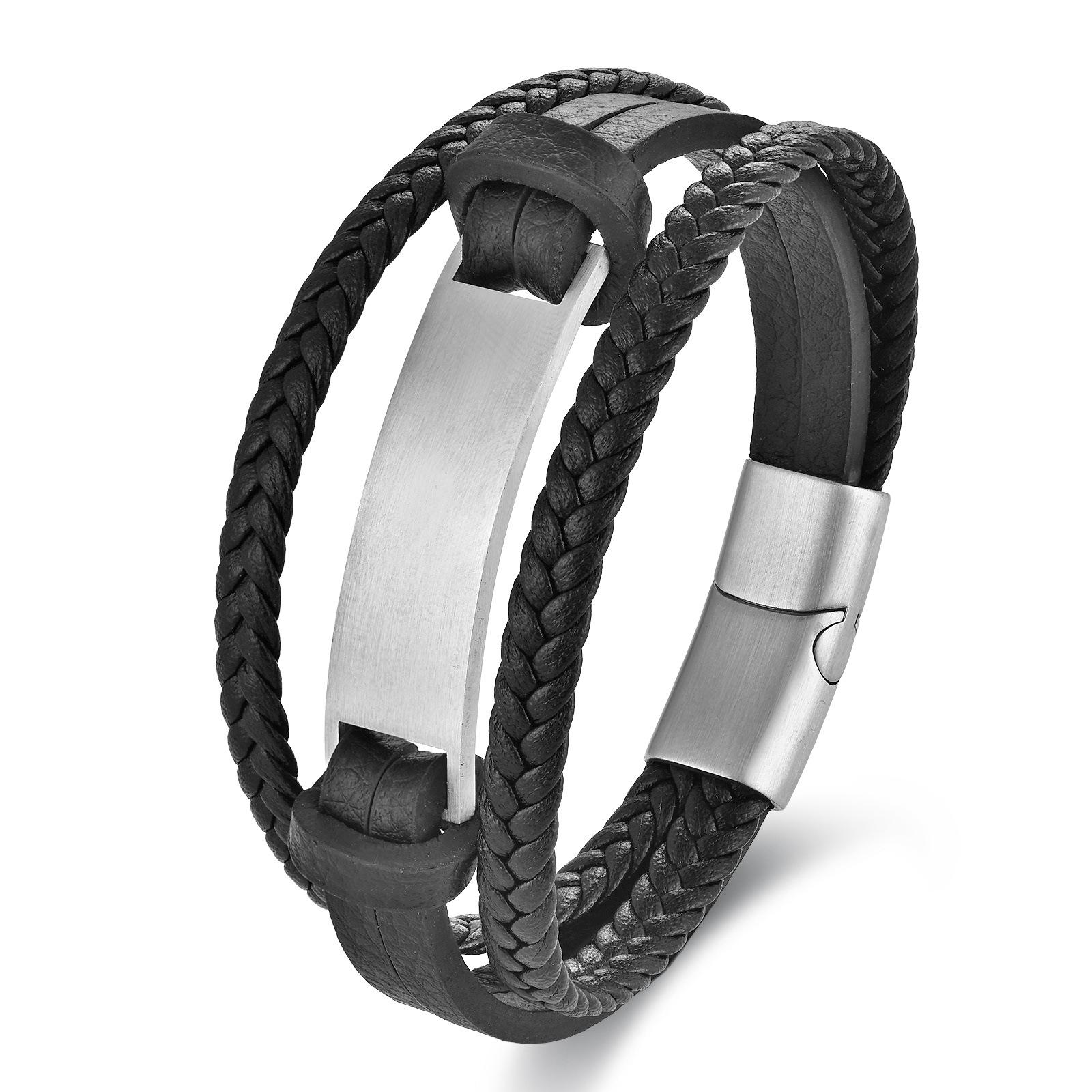 Engraved Black Leather Rope Cowhide Men s Double-layer Woven Bracelet Multi-layer Leather Bracelet 2026 21CM