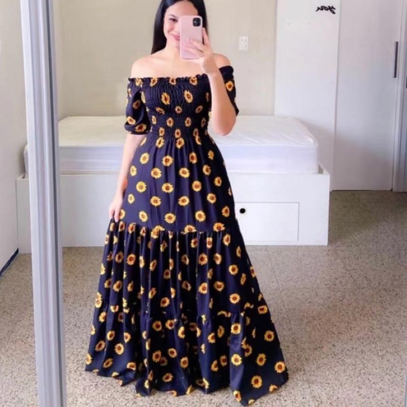 New spring and summer women's dress one-word shoulder floral fashion off-the-shoulder long printed dress