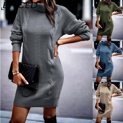 Fall/Winter Solid Color High-Neck Long-Sleeve Bodycon Knit Dress for Women
