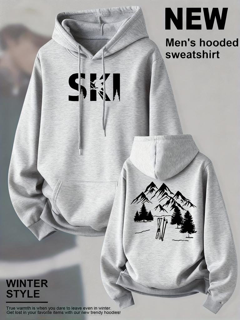 Outdoor casual hooded sweater, ski mountain scenery print men's and women's same couple long-sleeved top
