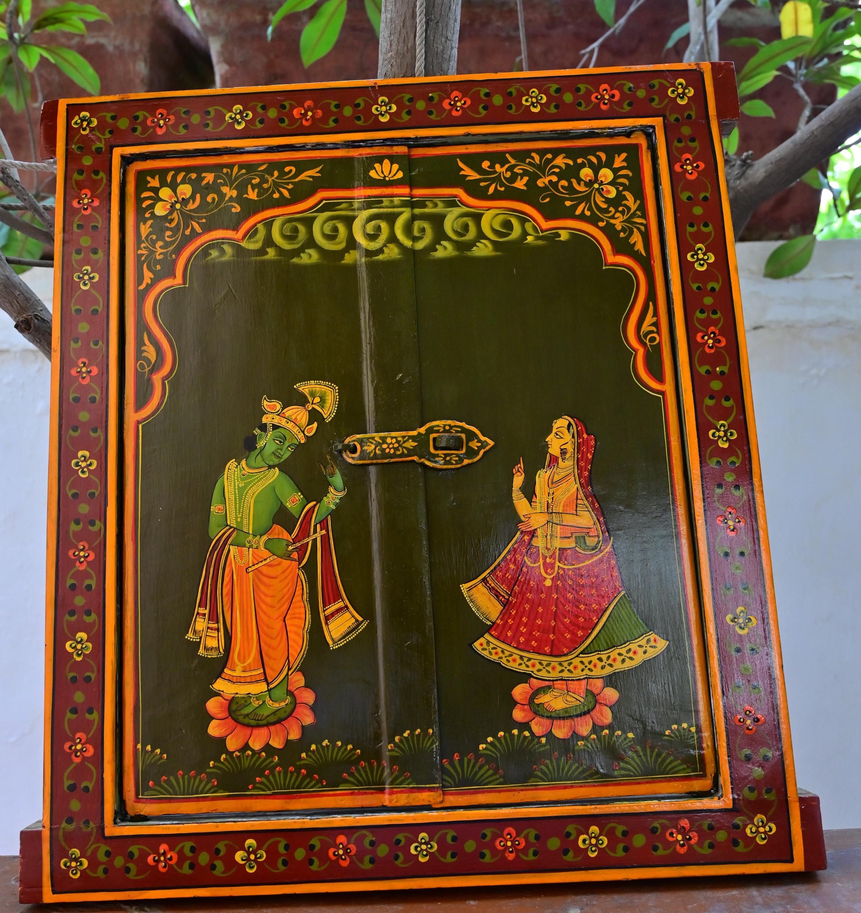 

Hand-Painted Radha Krishna Jharokha: Restored Indian Window Wall Art різнокольоровий