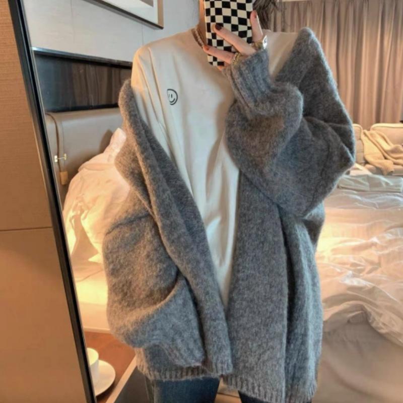 

Осенне-зимний женский вязаный свитер, пальто, повседневный свитер с V-образным вырезом и длинными рукавами, ленивое свободное универсальное шерстяное пальто, куртка XL серый