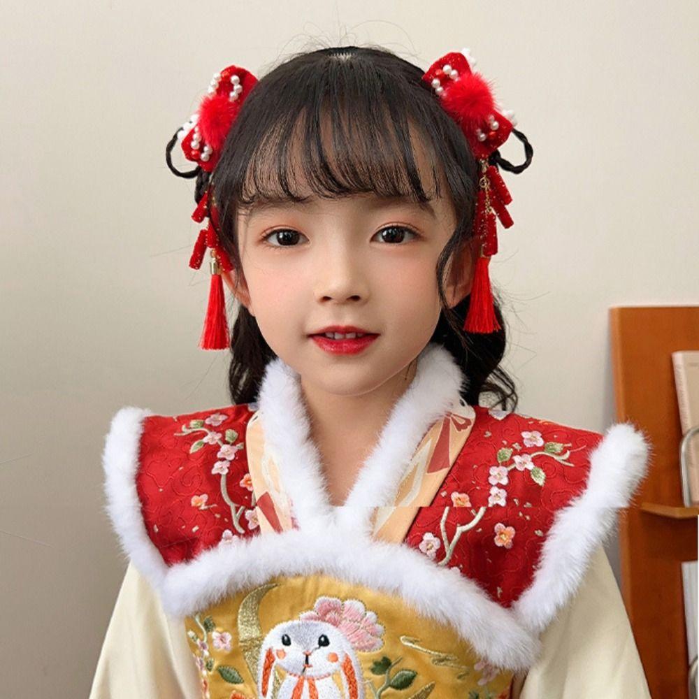 Red Flower Tassel Headband Pearl New Year Headwear Cute Hanfu Wig Headband  Children