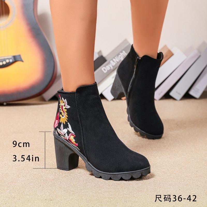 2024 Fashion Embroidered Modem Boots Brand Ladies Shoes Zip Women's Boots High Quality Round Toe High Heels Naked Boots Zapatos