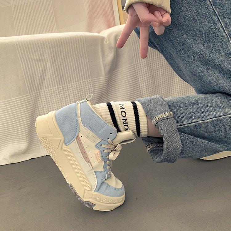 High-Top Board Shoe Women's  Autumn and Winter New Rubber Soft Bottom Leather Color Matching Fashion Women's Casual Sneaker Mixed Batch