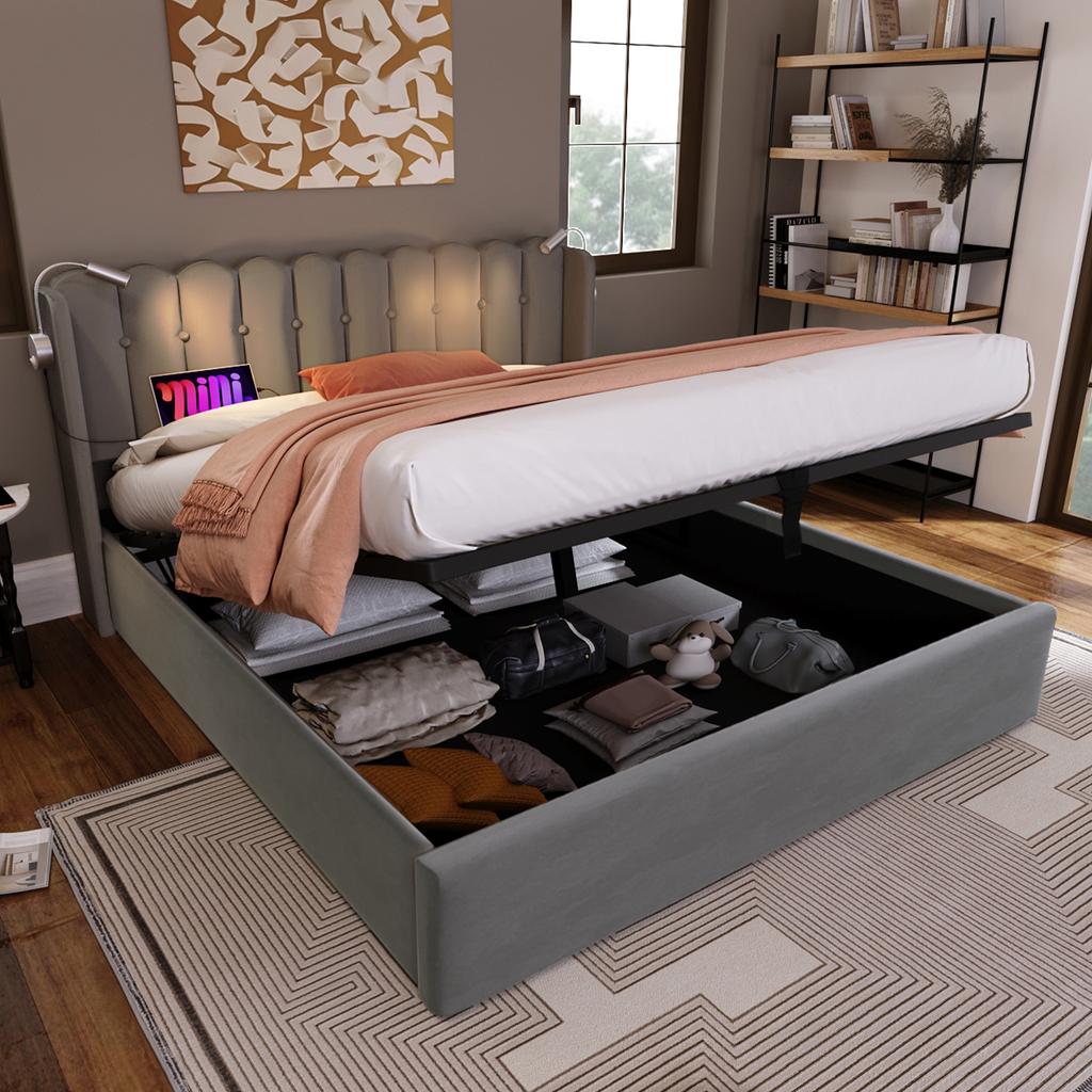 Upholstered Bed Reading Light with Charging Function Headboard Storage Bed Frame Velvet Youth Bed 160x200 with Slatted Frame, Grey (Without Mattress)