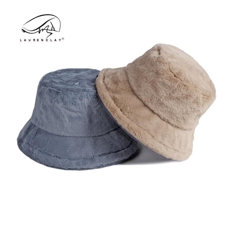 Fashion solid color imitation rabbit hair bucket hat women's Japanese autumn and winter new versatile thickened warm flat top basin hat