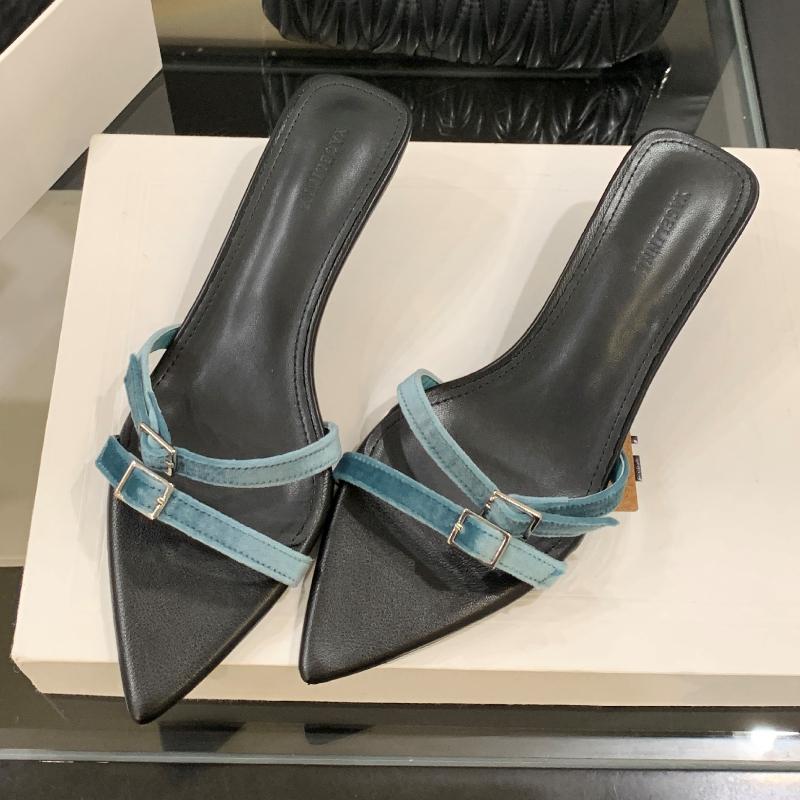 Fashion Fashion Narrow Band Buckle Design Brand Slippers Women Elegant Pointed Toe Kitten Heel Slide Sandals Comfortable Low Heel Sandal
