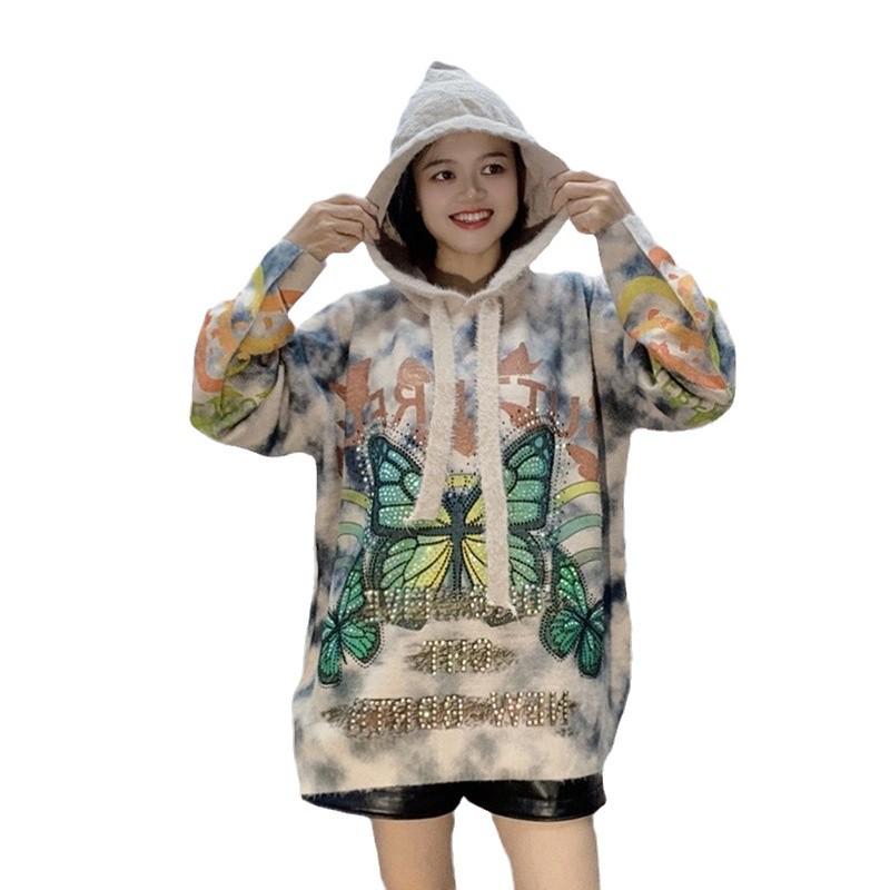 Korean Style Butterfly Rhinestone Hooded Sweater - Women's Loose Knit Pullover, Plus Size, Casual Crew Neck for Autumn/Winter