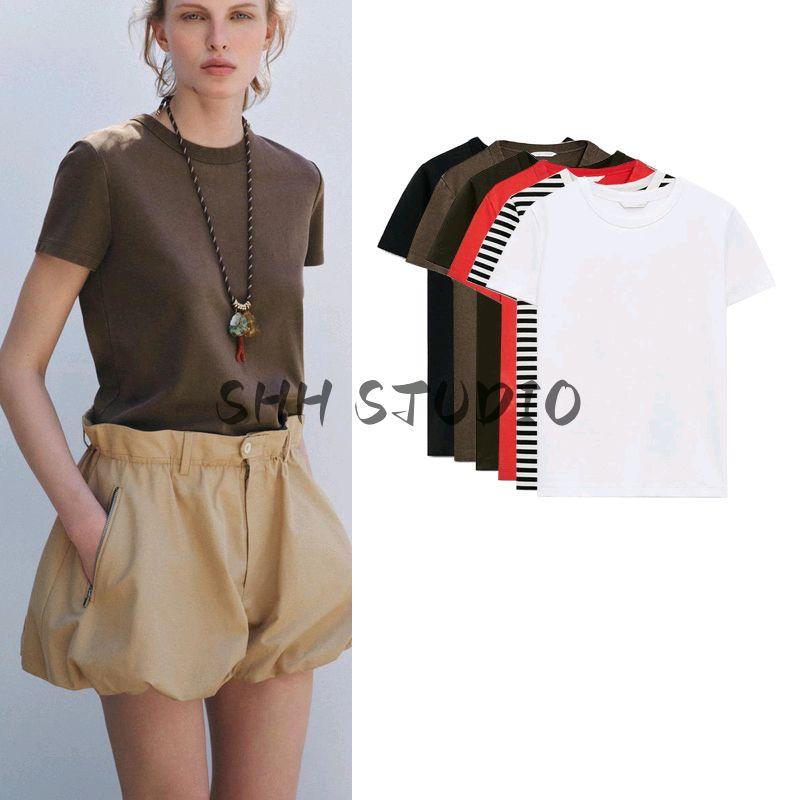 and Summer Women's Clothing French Simplicity Style Straight-leg Multi-Color Selection Double-Sided Cloth Silm Short Sleeve round Neck T-shirt 4174378