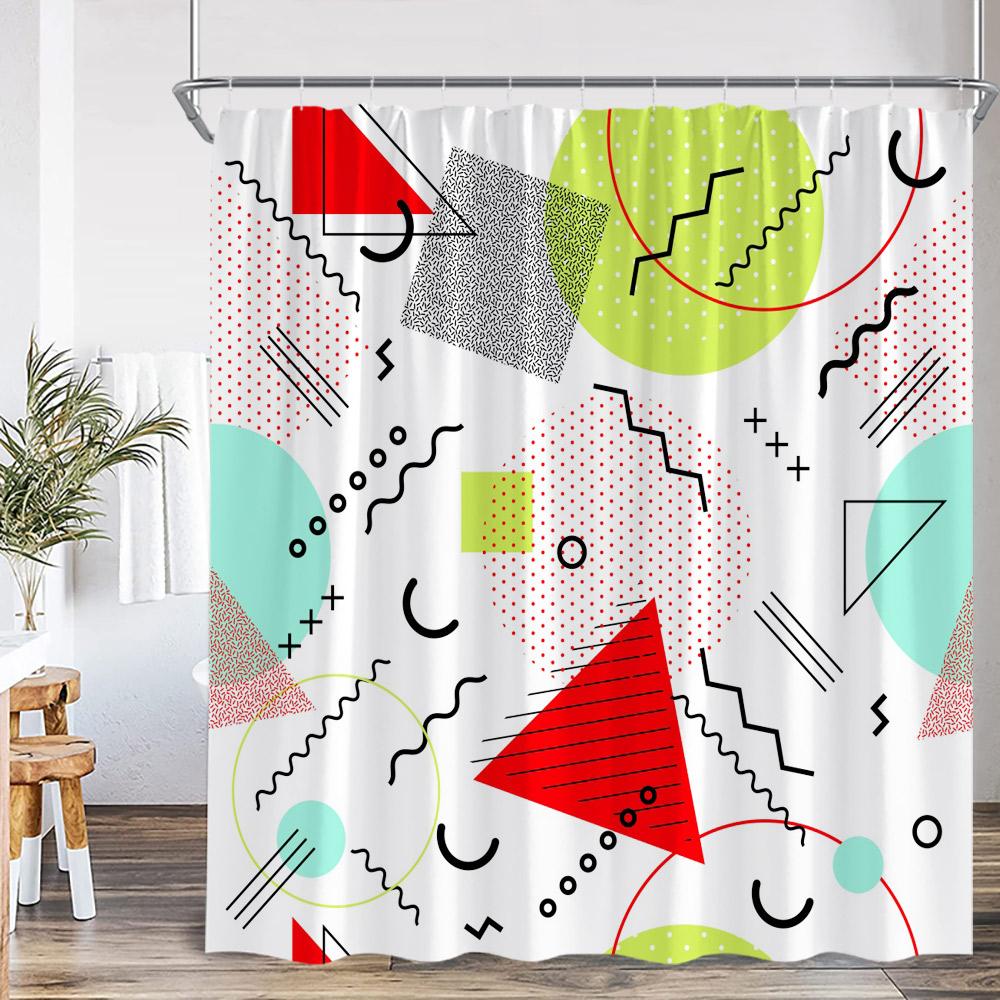 

Geometric Abstract Shower Curtains Square Wave Line Triangle Circle Math Bathroom Decorations Modern Bath Curtain with Hooks 90x180cm-35x70in