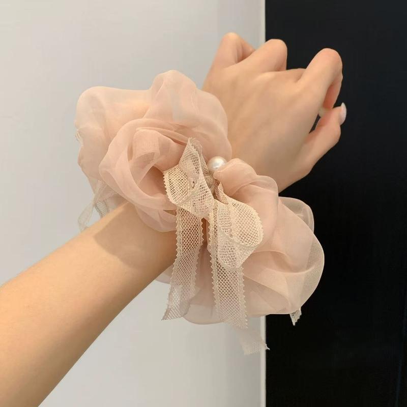 Women Elegant Large Chiffon Hair Scrunchies Soft Faux Pearl Lace Ribbon Elastic Hair Bands for Dinner Party Use