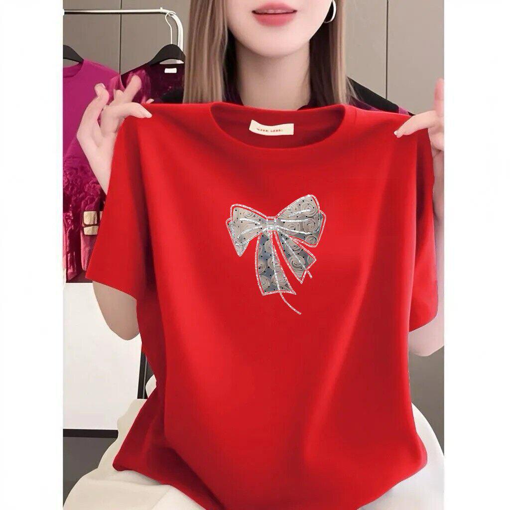 High-End Bow Print Short-Sleeve Women's T-Shirt - Summer Korean Style, Loose & Versatile Casual Top