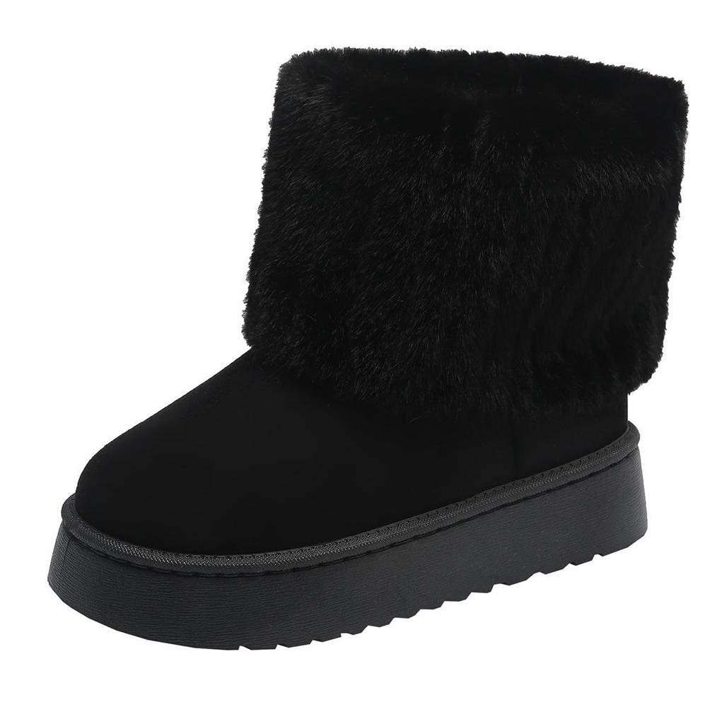 Furry Striped Women's Mid-Calf Snow Boots - Suede, Thick Soled, Warm & Comfortable for Autumn/Winter.