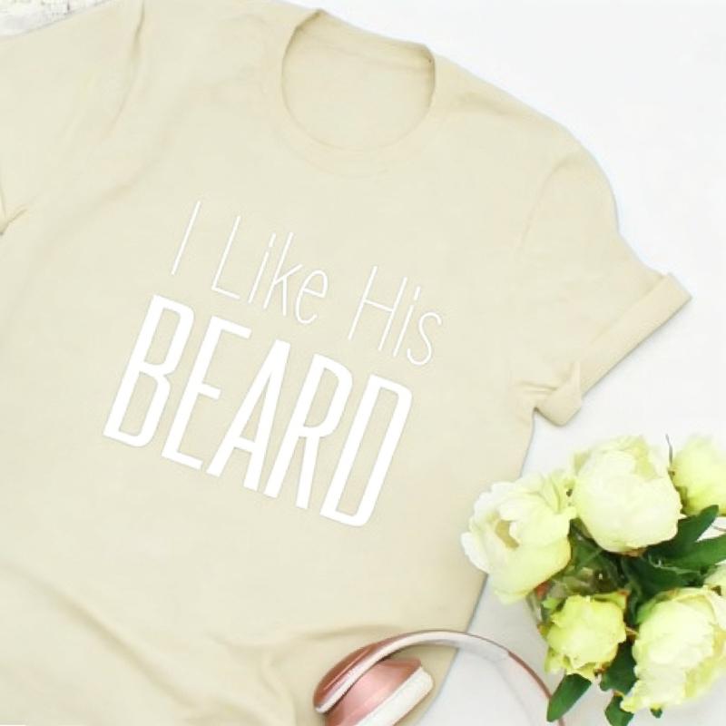 Her Butt I Like His Beard Funny Simple Letters Print Tshirt Tops Valentine Gift for Couples Cute Matching Regular Short Sleeve S