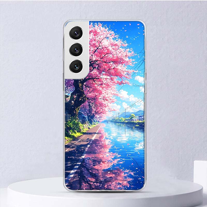 Japanese Cherry Mount Fuji Soft Case For Samsung Galaxy S25 S24 S23 S22 Ultra Phone Cover S20 FE S21 Plus S25 Edge + Funda Coque