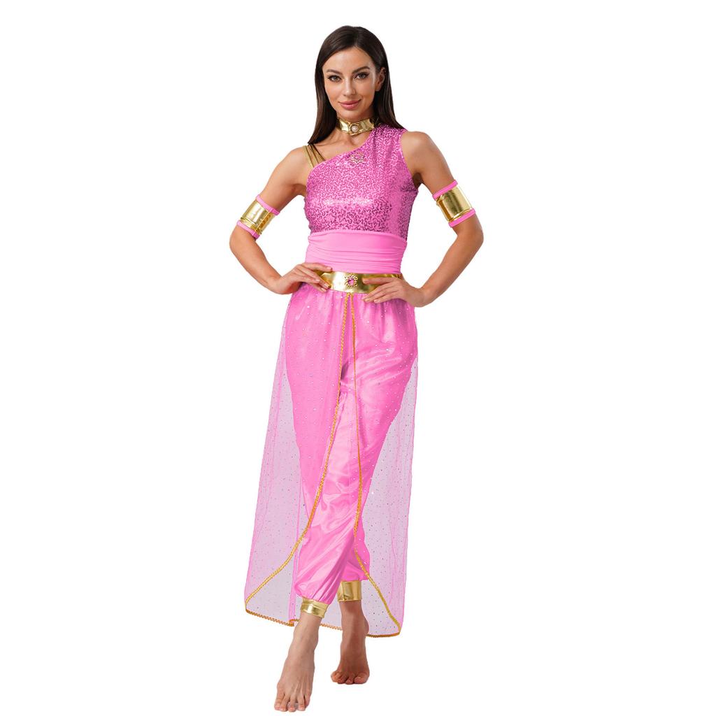 Womens Arab Princess Costume Belly Dance Design Gem Decor Contrast Color Shiny Tulle Overlay Jumpsuit